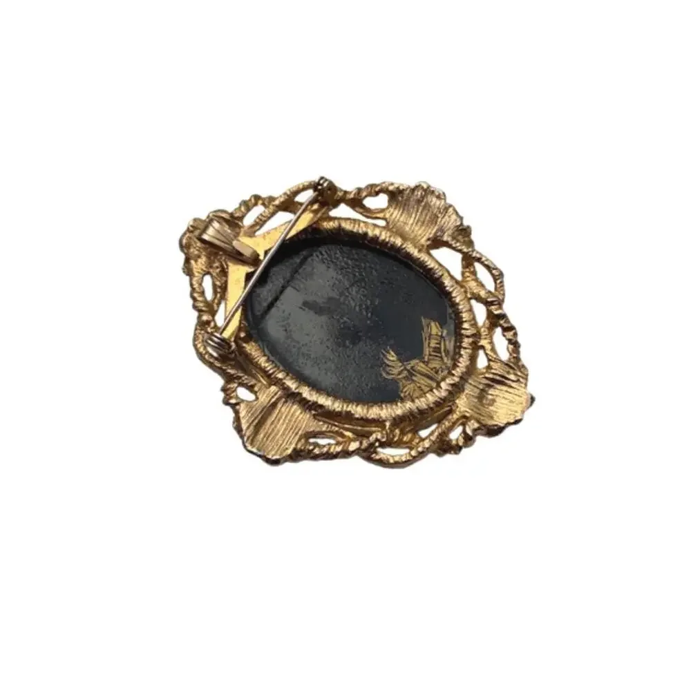 Vintage Black Glass Intaglio Gold Tone Brooch Convertible Pendant